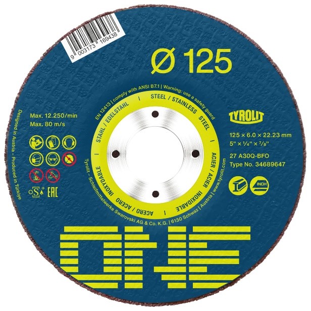 Disque à meuler 125 X 6.0 X 22.23 Acier/Inox Tyrolit One
